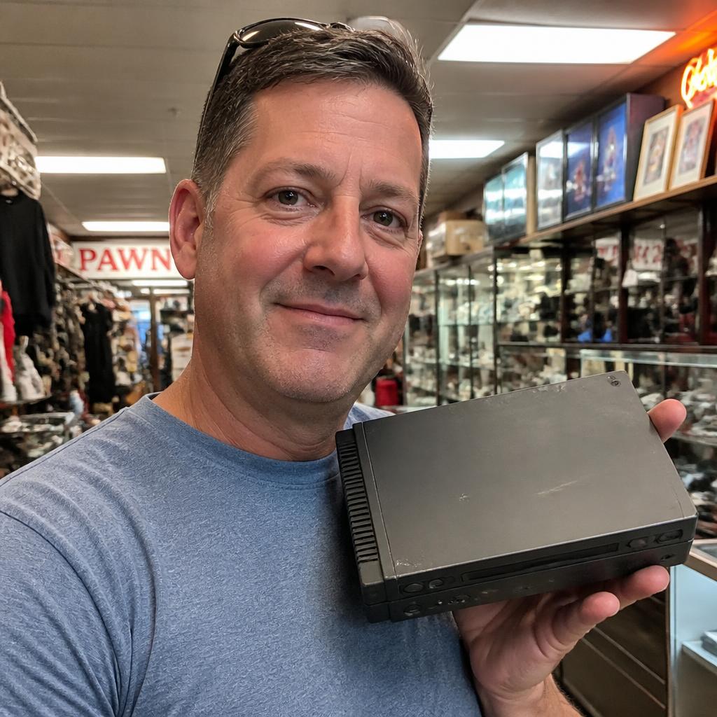 Customer holding a vintage game console
