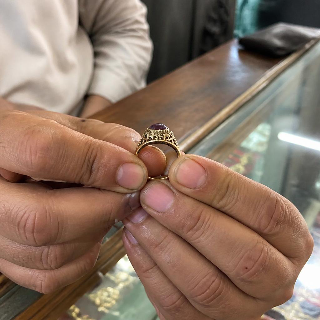 Hands holding vintage gold rings