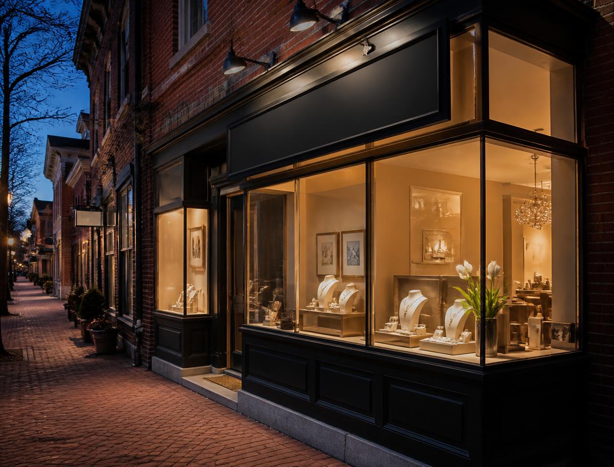Storefront of a small upscale jewelry shop at dusk